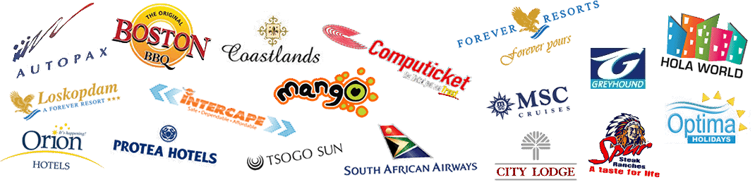logos for Autopax, Boston BBQ, Coastland, Computicket, Forever Resorts, Greyhound, Hola World, Loskopdam, Intercape, Mango Airlines, MSC Cruises, Optima Holidays, Orion Hotels, South African Airlines, Spur Steak Ranches, Tsogo Sun Hotels, Protea Hotela, City Lodge
